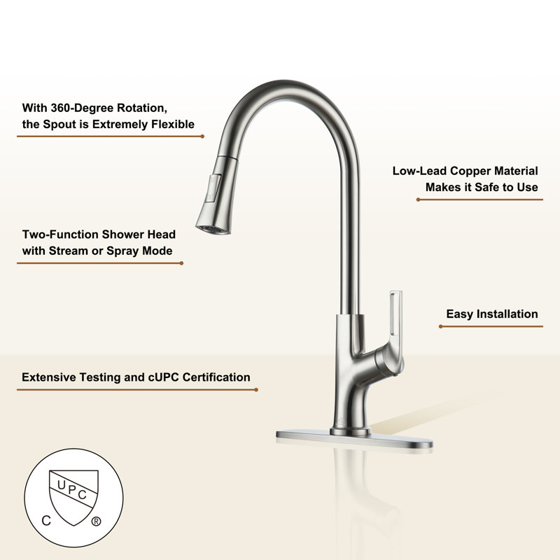 CASAINC Single-Handle Pull-Down Kitchen Faucet Single Hole Faucet with Deck Plate, Brushed Nickel