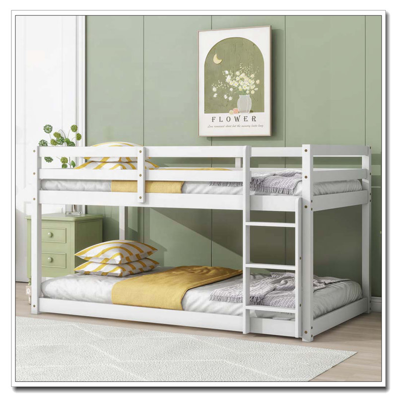 Lit superposé simple au-dessus d'un lit simple en bois massif et en bois d'hévéa massif avec échelle, plateformes supérieure et inférieure fabriquées avec des lattes renforcées, blanc