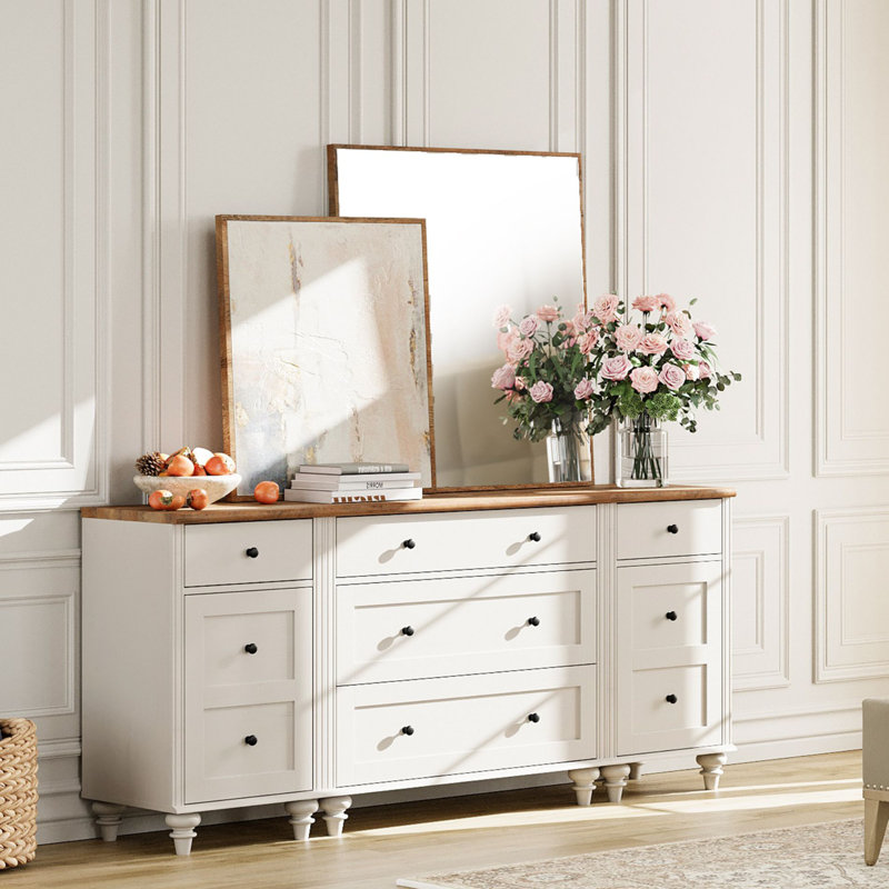 Ensemble de chambre à coucher 2 pièces, une commode 3 tiroirs et un ensemble de 2 tables de chevet, blanc cassé