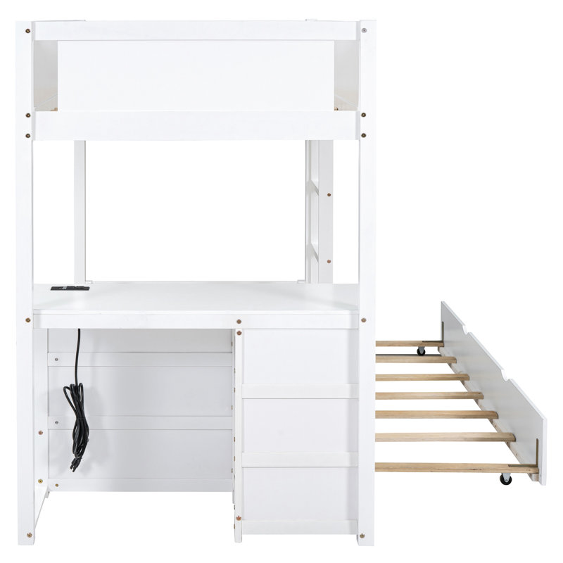 Lit superposé Twintwin avec bureau de rangement, lit gigogne simple et prises de courant, blanc - chambre à coucher moderne indispensable pour les familles