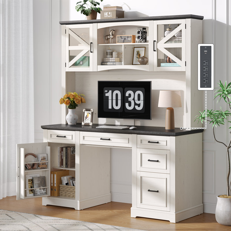 72" Farmhouse Executive Desk With Hutch, Computer Workstation With Charging Station & 5 Drawers Storage Cabinet For Home Office,