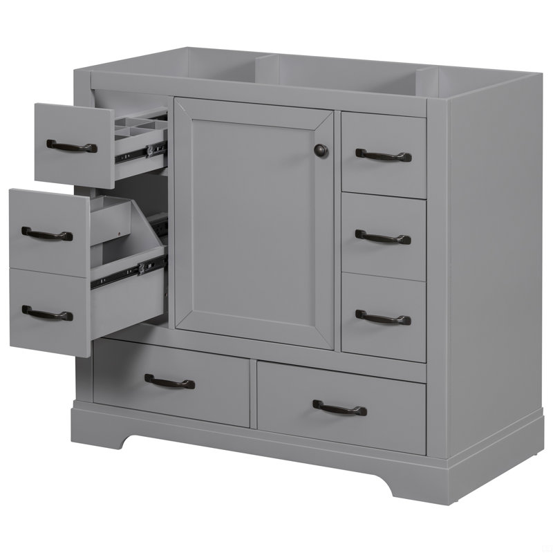 Dancy Bathroom Vanity Without Sink, Cabinet Base Only, Six Drawers, Gray, Black