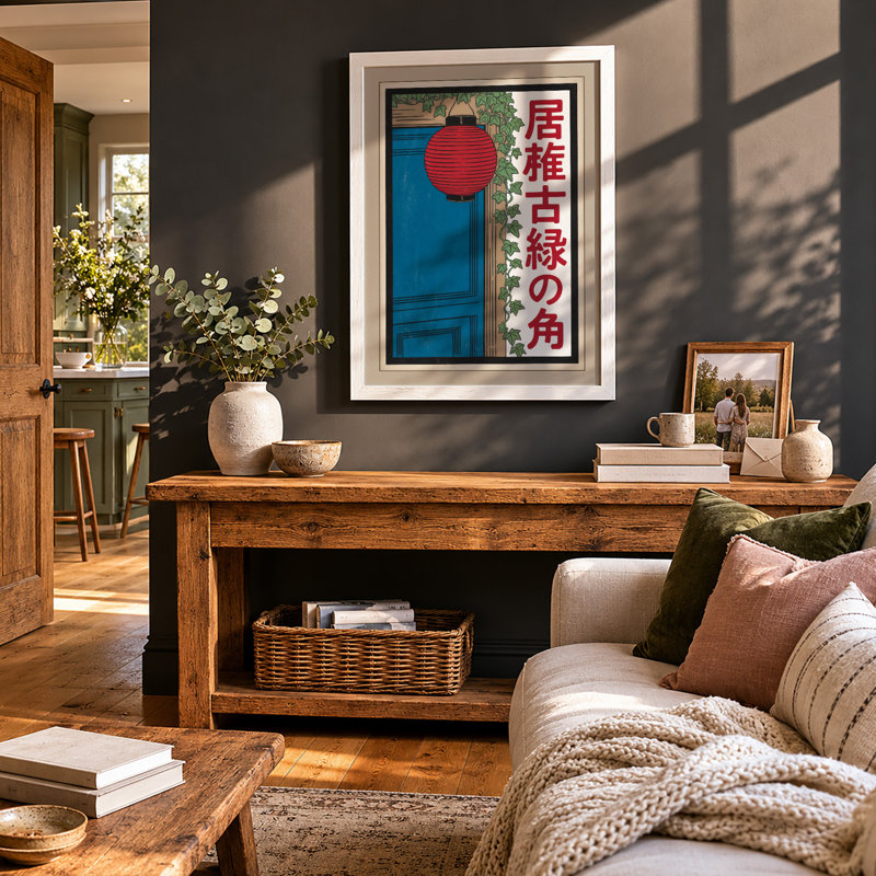 Blue Door With Lantern Japandi - Print, A1 - 84.1 x 59.4 cm, Oak