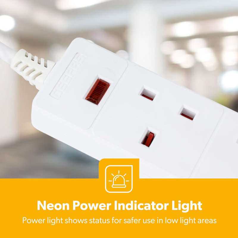 GEEPAS 2 Gang Extension Lead, 2M Cable | 2-Way Plug Extension Cable With Neon Indicator Light | Wall Mountable & Multi Socket Mains Strip For Home Bedroom Office | Heavy Duty UK Plug | White