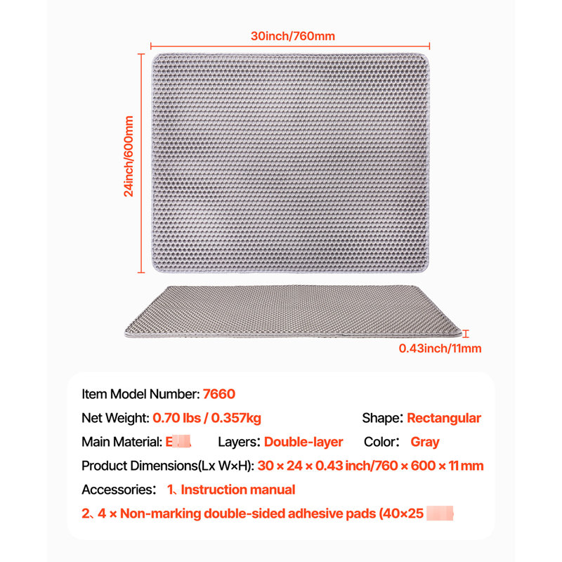 Tapis pour litière pour chat 30 po x 24 po, conception alvéolaire, antidérapant, confortable pour les chats, pieds gris doux,