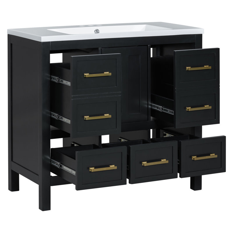 Ensemble de meuble-lavabo 36 po avec lavabo en résine, armoire de rangement en bois massif, ensemble de meuble-lavabo autoportant avec 5 tiroirs et portes à fermeture douce