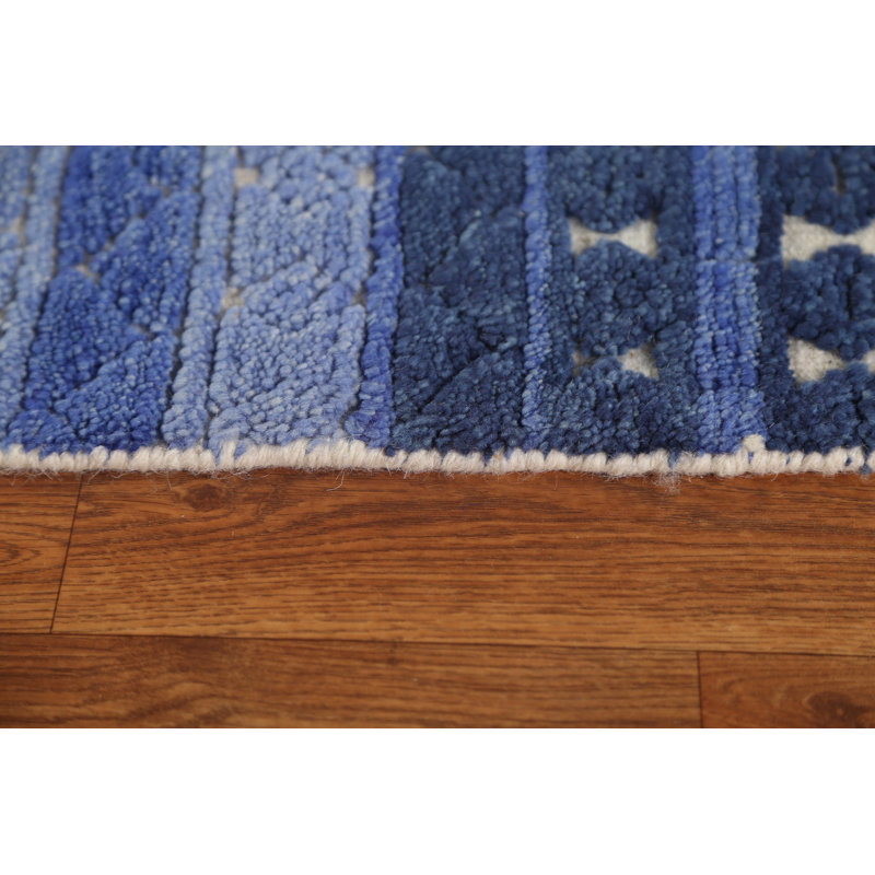 Tapis marocain bleu à motif géométrique noué à la main 5 x 8