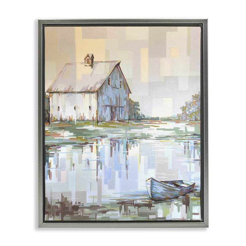 "Barn Reflections Landscape Floater", art mural par Linda Sperruche, H 31 po x l 25 po, Cadre flottant gris lustré