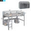 Lit mezzanine double avec bureau, armoires, tiroirs et plateau de chevet, station de charge, gris-1783187634