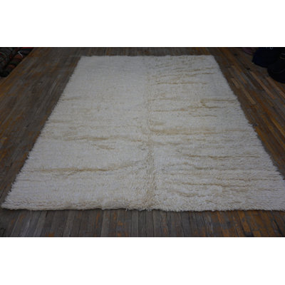 Vintage Hand Knotted Plush Moroccan Shag Pile Solid Cream Color Berber Carpet