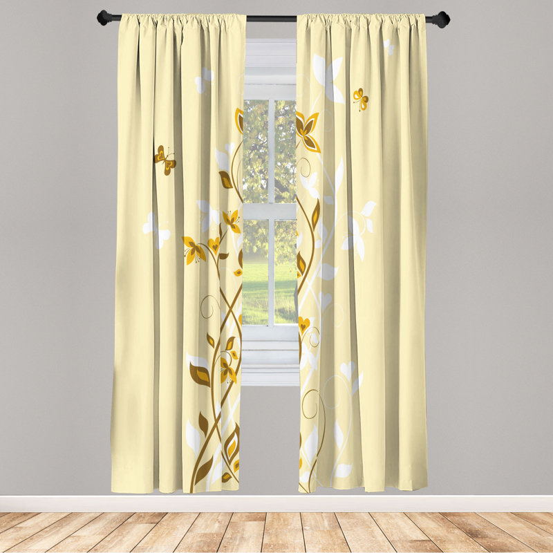 Microfiber Floral Semi-Sheer Rod Pocket Curtain Panels, 28" W x 95" L, White/Dark Yellow/Light Yellow