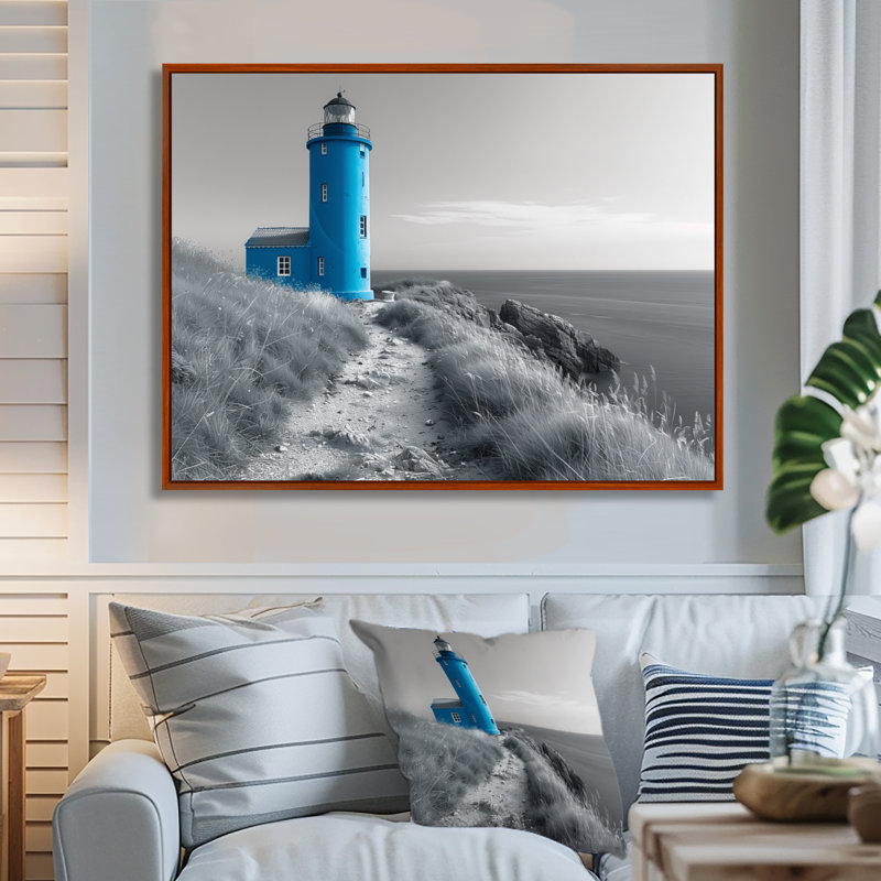 Photo de phare monochrome bleu en hiver IV - décoration murale phares, H 16 po x l 32 po, Cadre flottant brun