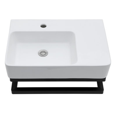 Lavabo mural en céramique peu encombrant au design moderne avec barre à serviettes noire pour une salle de bain élégante