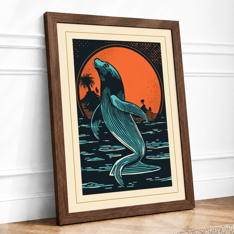 Whale Breaching Sun Coastal - Framed Print, A1 - 84.1 x 59.4 cm, Walnut