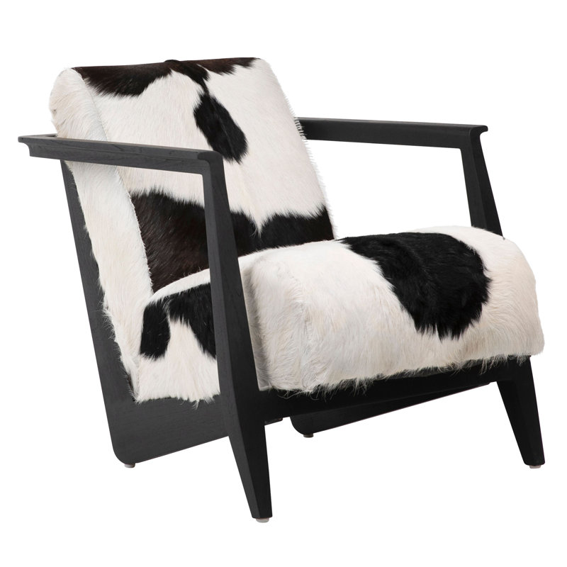 Doliver Teak Wood Upholstered Armchair, Black, Black/White Genuine Goat Hide