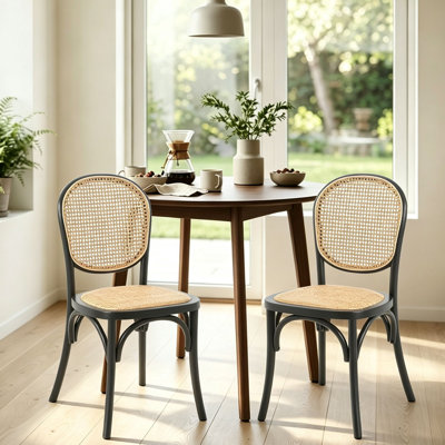 Ensemble de 2 chaises de salle à manger sans accoudoirs, dossier et siège en rotin naturel, structure en bois courbé, chaises d'appoint tressées vintage pour cuisine, salle à manger et bureau