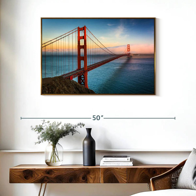 Golden Gate, lever de soleil sur l'océan, Cadre flottant doré, 37 po x 25 po