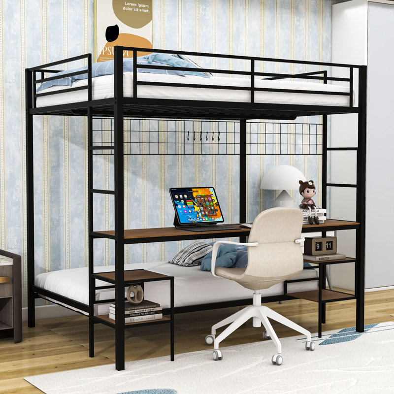 Lit superposé double au-dessus de simple avec bureau intégré et station de charge, Noir / chêne cannelle