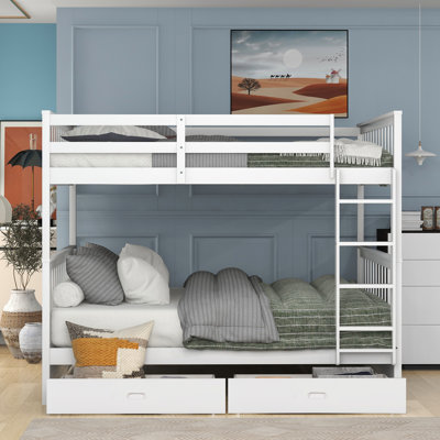 Lit superposé avec échelles et deux tiroirs de rangement en blanc - Espace et rehausse l'ambiance de la chambre à coucher