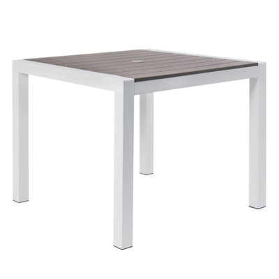36" X 36" White Powder Coated Aluminum Table Set With Imitation Teak Slats Top In Grey Colour, 1 3/4" Umbrella Hole