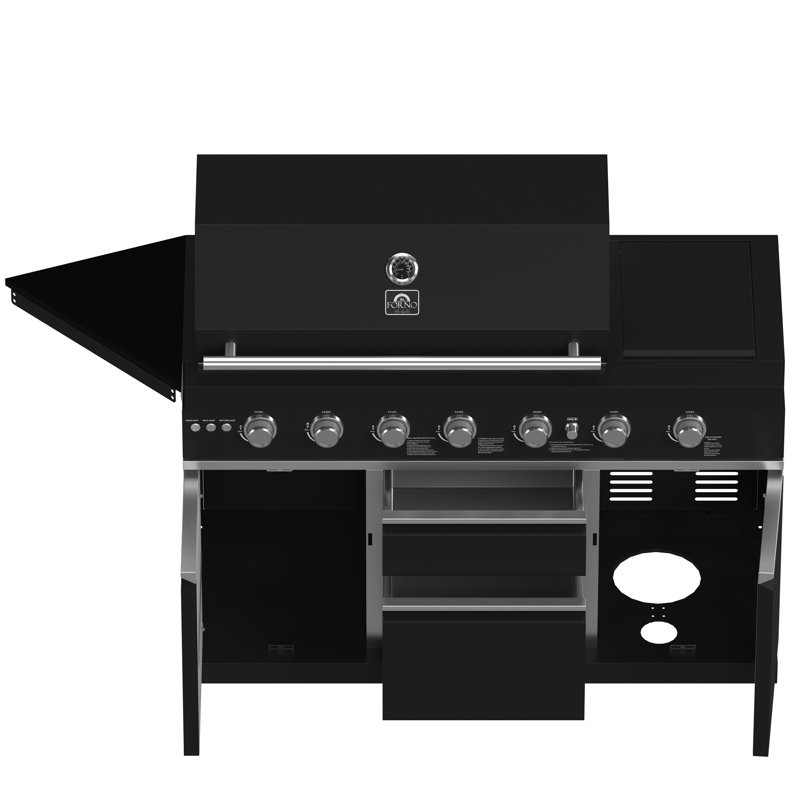 Forno All'Aperto avec comptoirs en pierre frittée noire, barbecue 87 600 BTU, évier et module de bar, four à pizza au gaz