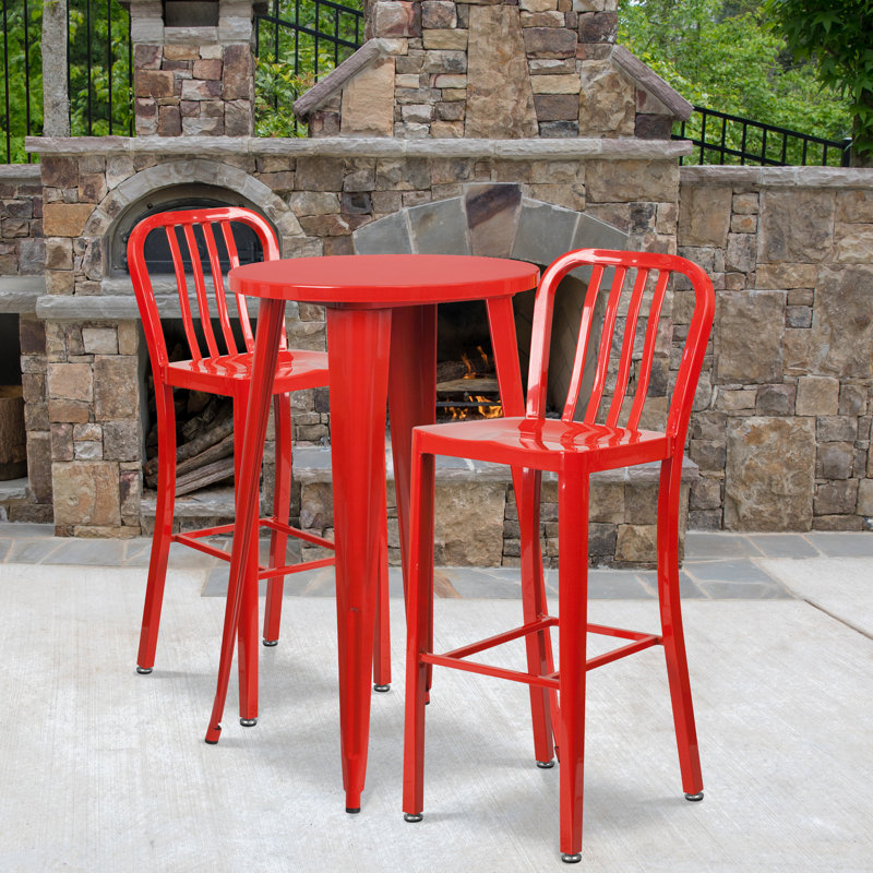 Drumfane 30'' Round Metal Indoor-Outdoor Bar Table Set with 2 Vertical Slat Back Stools, Red, 24'' x 24'' x 41''