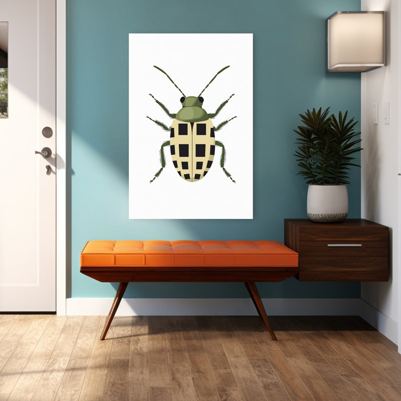 Checkered Green Beetle Minimalist Modern Beetle Nature Wildlife Wall Art Print by Mathieu - Wrapped Canvas Print