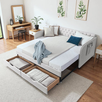 Upholstered Daybed with Trundle & 2 Storage Drawers | Linen Grey Extendable Daybed for Bedroom, Living Room, or Guest Room | Button Tufted, Flat Arms with Pockets