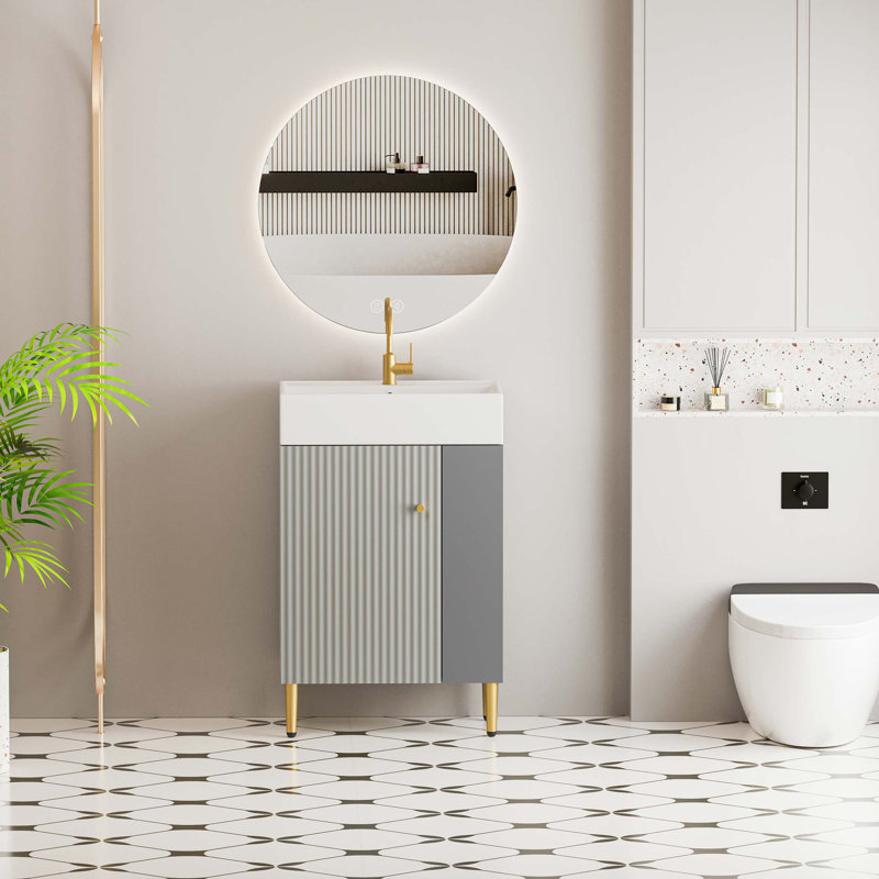 Meuble-lavabo à tablettes ouvertes de 21,6 po avec lavabo en céramique, porte à fermeture en douceur, tablette de rangement à droite, assemblage requis