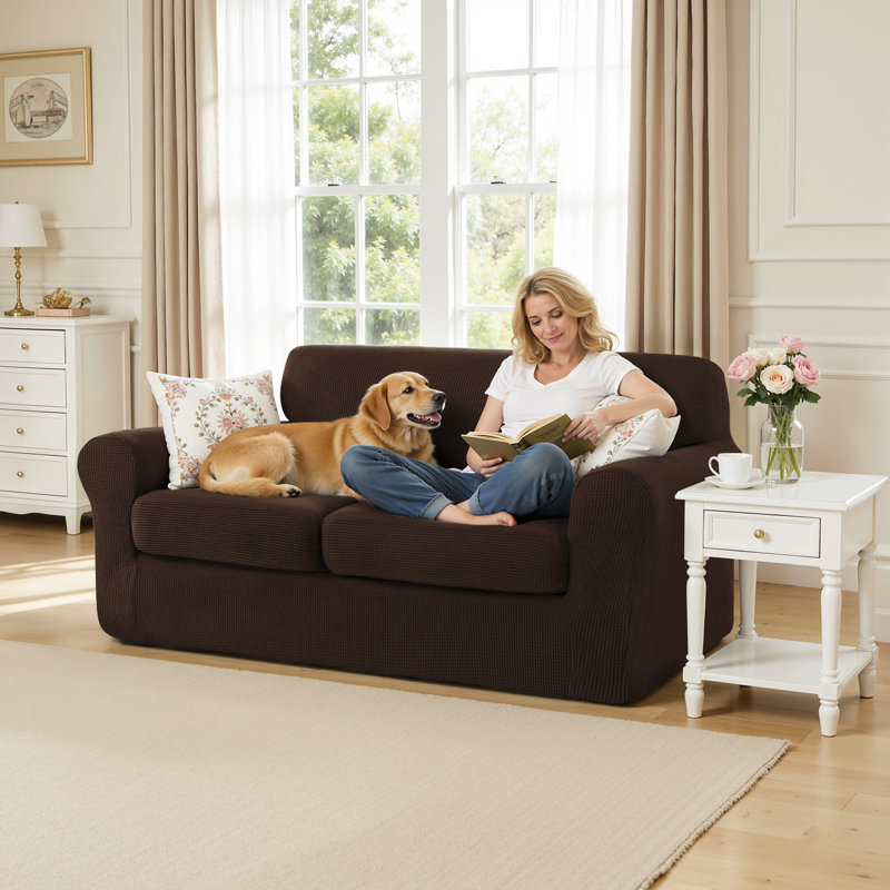 3 Piece Stretch Jacquard Couch Cover, Sofa Slipcover for 2 Cushion Couch, Machine Washable Furniture Protector(Loveseat, Chocolate)