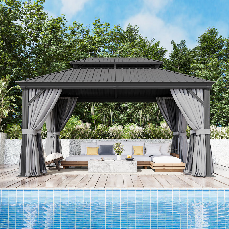 Pavillon de jardin extérieur à toit rigide 14 'x 10' avec double toit, rideaux et filet, 14' x 10'