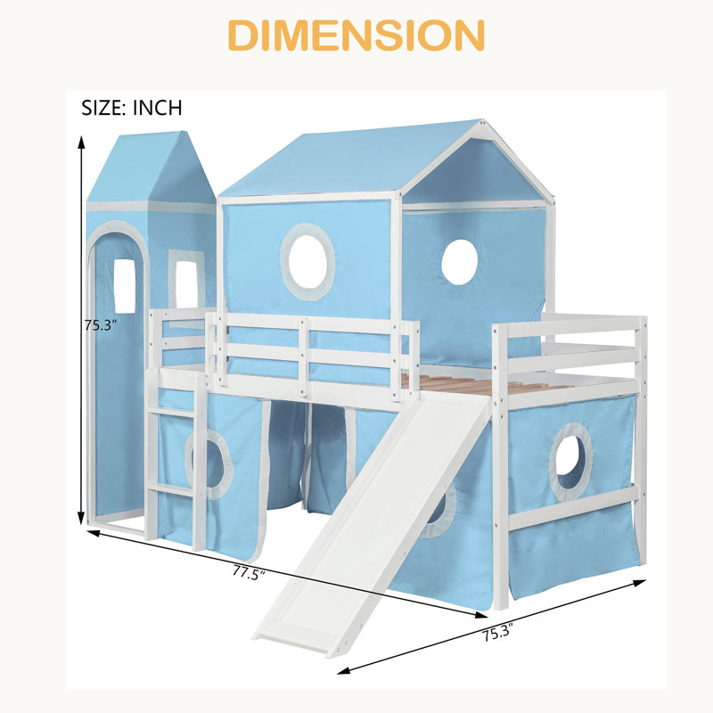 Twin Size Loft Bed With Slide Tent And Tower, Blue, Twin