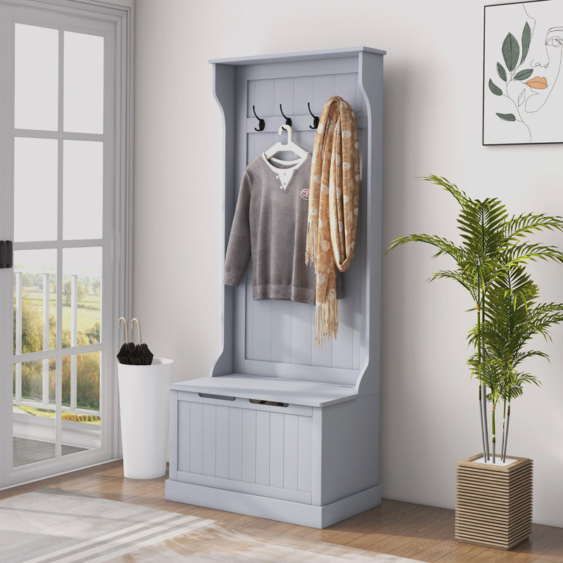 28" 3-In-1 Entryway Hall Tree with Storage Bench, Coat Rack with Four Hooks and Shoe Storage, Grey