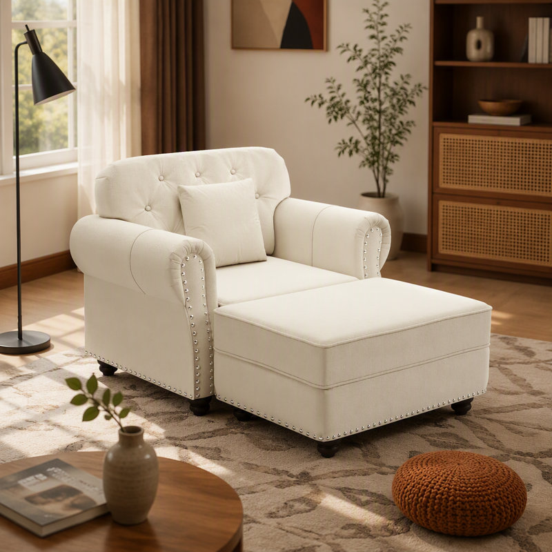 Canapé Chesterfield de 41,3 po en velours avec garniture cloutée et accoudoirs roulés, canapé de style Mid-Century moderne capitonné avec boutons, beige / blanc