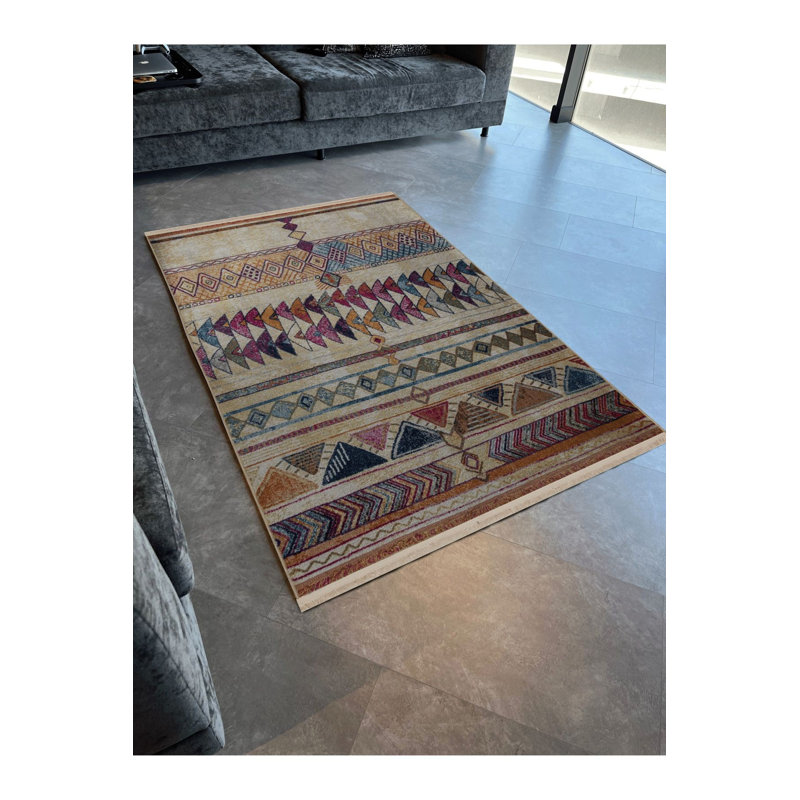 Tapis multicolore à motif géométrique mixte à franges et lavable à la machine, Tapis de couloir 3 pi 3 po x 6 pi 7 po
