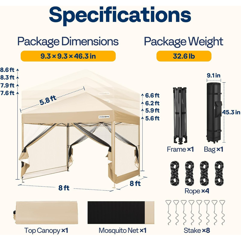 Tente d'extérieur escamotable en acier avec moustiquaire, 8 pi X P 8 pi, Beige