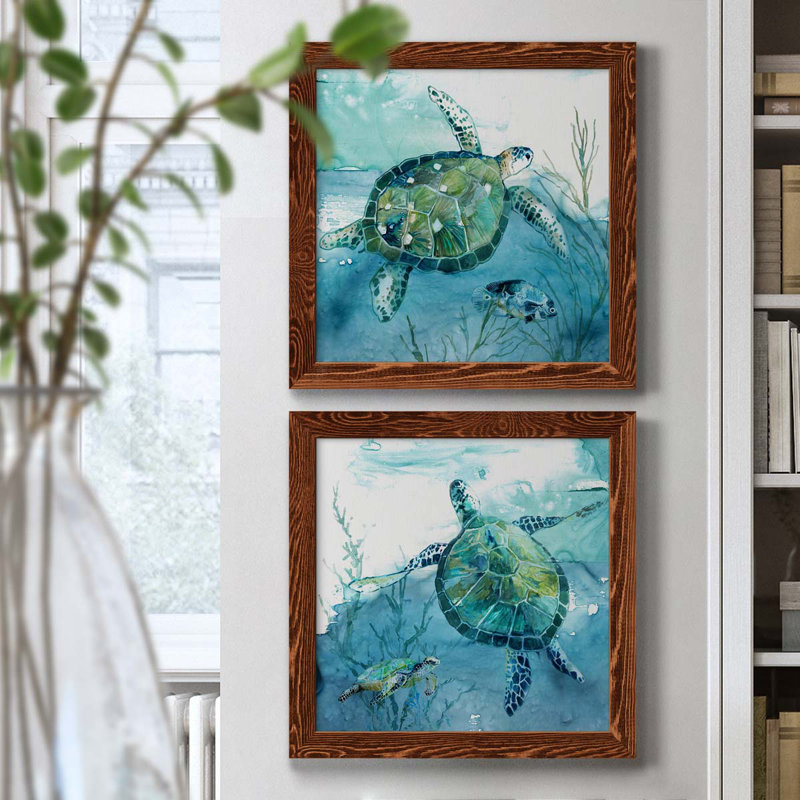 «Delray Sea Turtle I», ensemble de 2 peintures sur toile encadrées, H 17 po x l 34 po x P 1,5 po, Érable encadré