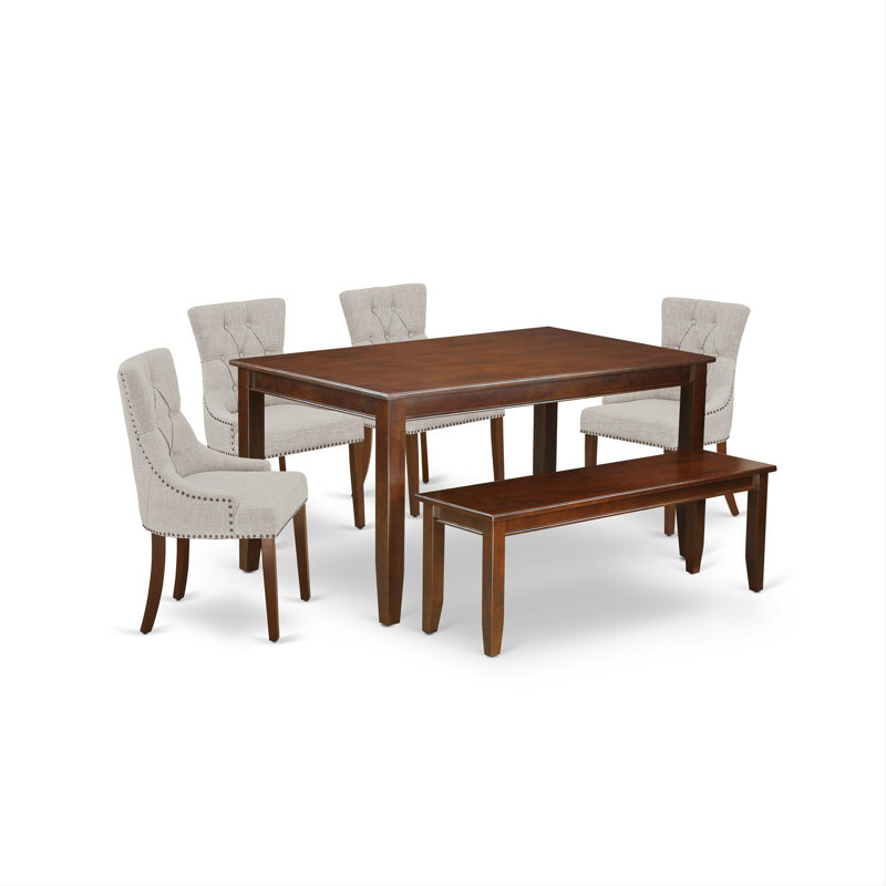 6 Piece Dining Table Set Contains a Rectangle Dining Room Table and 4 Doeskin Linen Fabric Upholstered Chairs with a Bench, Mahogany