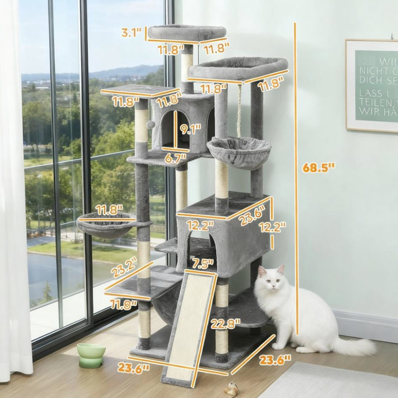 Arbre à chat de 68,5 po avec trois hamacs, deux condos et des perchoirs: des poteaux à sangles à base large et à double stabilité pour un exercice à griffes