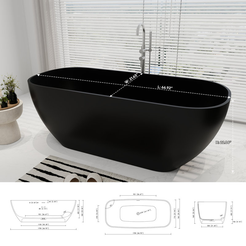 67'' x 30'' Freestanding Bathtub Stone Resin Solid Surface Deep Soaking Tub, Matte Black