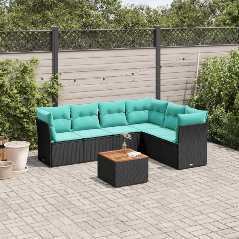  Ensemble de canapé de patio 7 pièces avec coussins en rotin de polyester noir