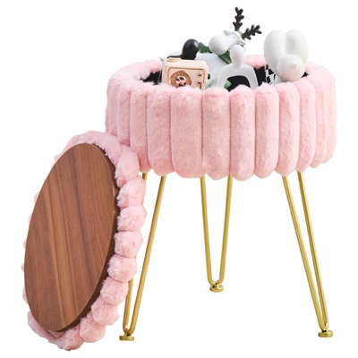 Tabouret de coiffeuse avec rangement, fauteuil de repose-pieds en fausse fourrure avec pieds en métal, fauteuil de maquillage rond pour la chambre à coucher ou la coiffeuse, petit siège de repose-pieds moderne (rose)