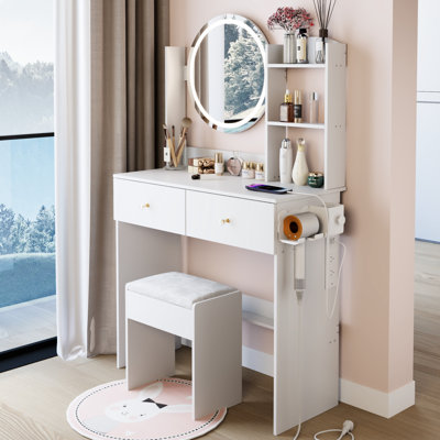 Coiffeuse ronde avec miroir DEL de 43 cm (17 po) et tabouret rembourré, 3 couleurs avec luminosité réglable, commandes tactiles, 2 ports CA + 1 port USB-C intégrés, grand plateau, rangement à plusieurs niveaux, design américain.