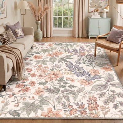 Aura Floral Machine Washable Purple/Beige/Orange Indoor Area Rug With Non-Slip Backing
