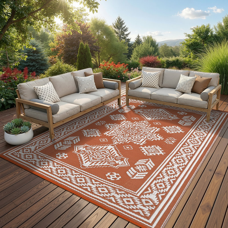 Outdoor Rug Plastic Straw Rugs with Storage Bag, 4 Stakes, for Patio Deck, Runner 9' x 18', Red