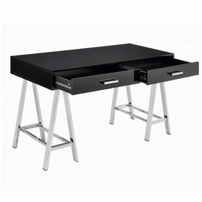 Bureau 2 tiroirs noir brillant et chrome