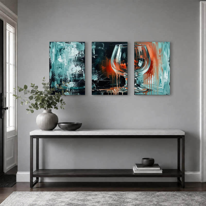 Ensemble de 3 toiles abstraites représentant un verre à vin avec des gouttes d'orange et de turquoise, 18"H x 12"W x 3pcs