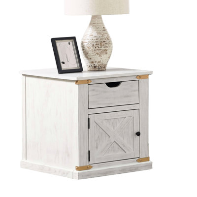 Rustic Style End Table In Antique White And Gold, Storage Drawer, Shelve, Metal Solid Wood Gold Table, Rectangular Center Glide Drawers, For Primary Living Space
