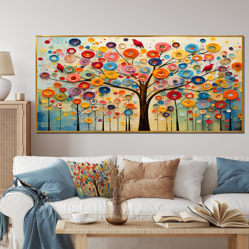 Arbre abstrait coloré 3 - Art mural africain, Cadre flottant doré, H 28 po x l 60 po x P 1,5 po