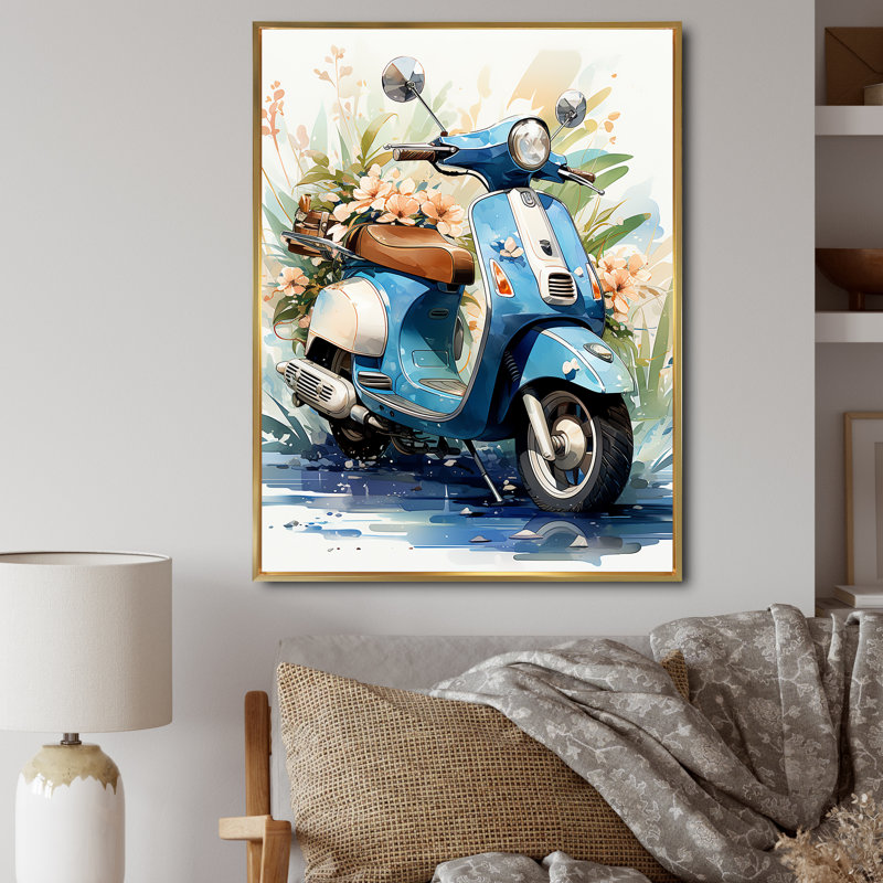 Bleu, scooter côtier, croiseur II, art mural de salon, H 32 po x l 16 po x P 1 po, Cadre flottant doré